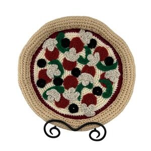 Handmade Crochet Pizza Supreme Toppings Fiber Art Play Kitchen 14""